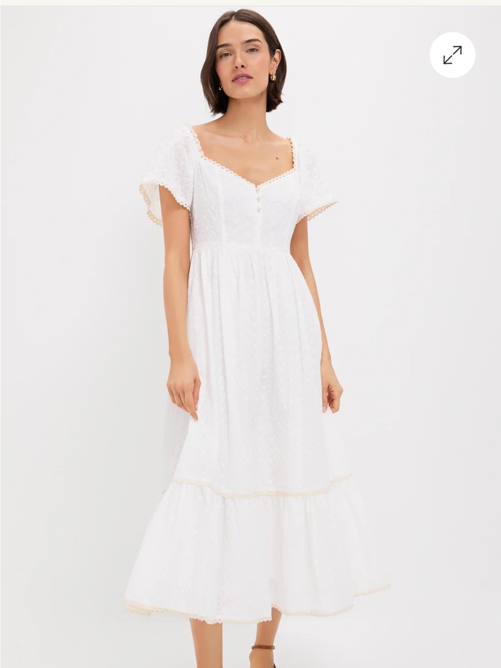 Pommander Place White Eyelet Midi Dress with Sweetheart Neckline